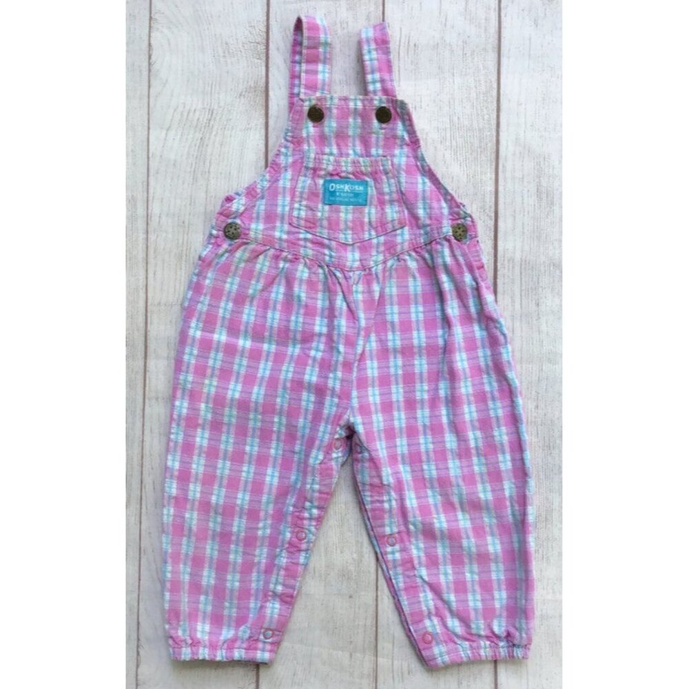 OshKosh B'Gosh Vintage 90s Girls Overalls Size 24 Months Pink Blue Plaid Vestbak